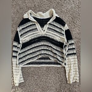 Zara Black and Cream Crochet Striped Sweater- NWOT